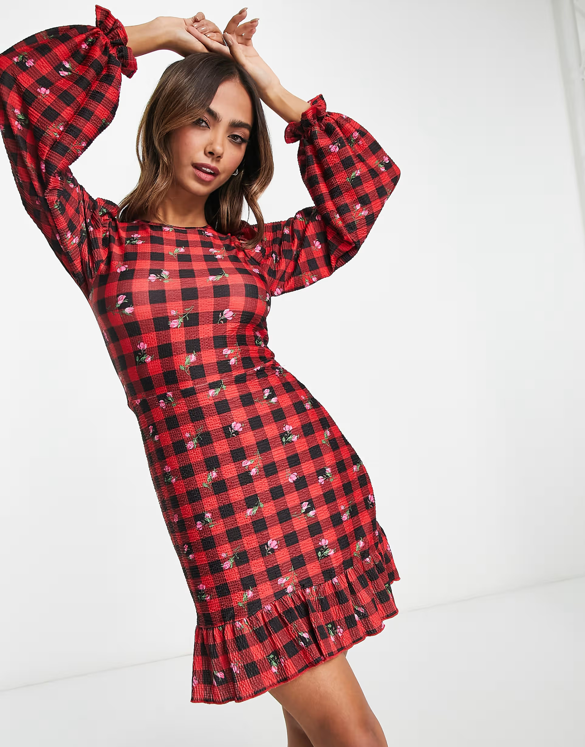 Miss Selfridge red check floral fit and flare dress | ASOS (Global)