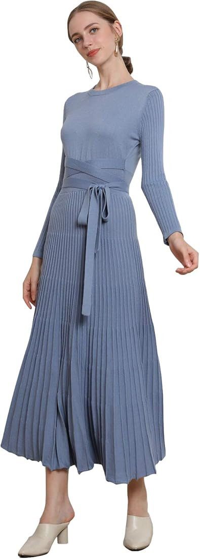 RanRui Womens Winter Fall Pleated Knitted Fit and Flare Long Sleeve Sweater Dress | Amazon (US)
