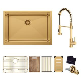 32 in. Undermount Single Bowl 18-Gauge Gold Stainless Steel Workstation Kitchen Sink with Spring ... | The Home Depot