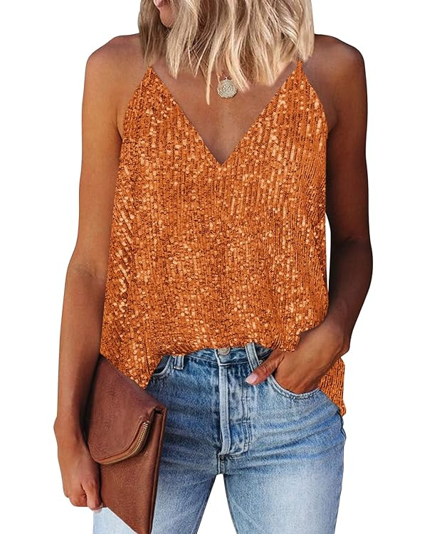miduo Womens Tank Tops Casual Fashion V Neck Strappy Sequin Sparkle Shimmer Camisole Sleeveless T... | Amazon (US)