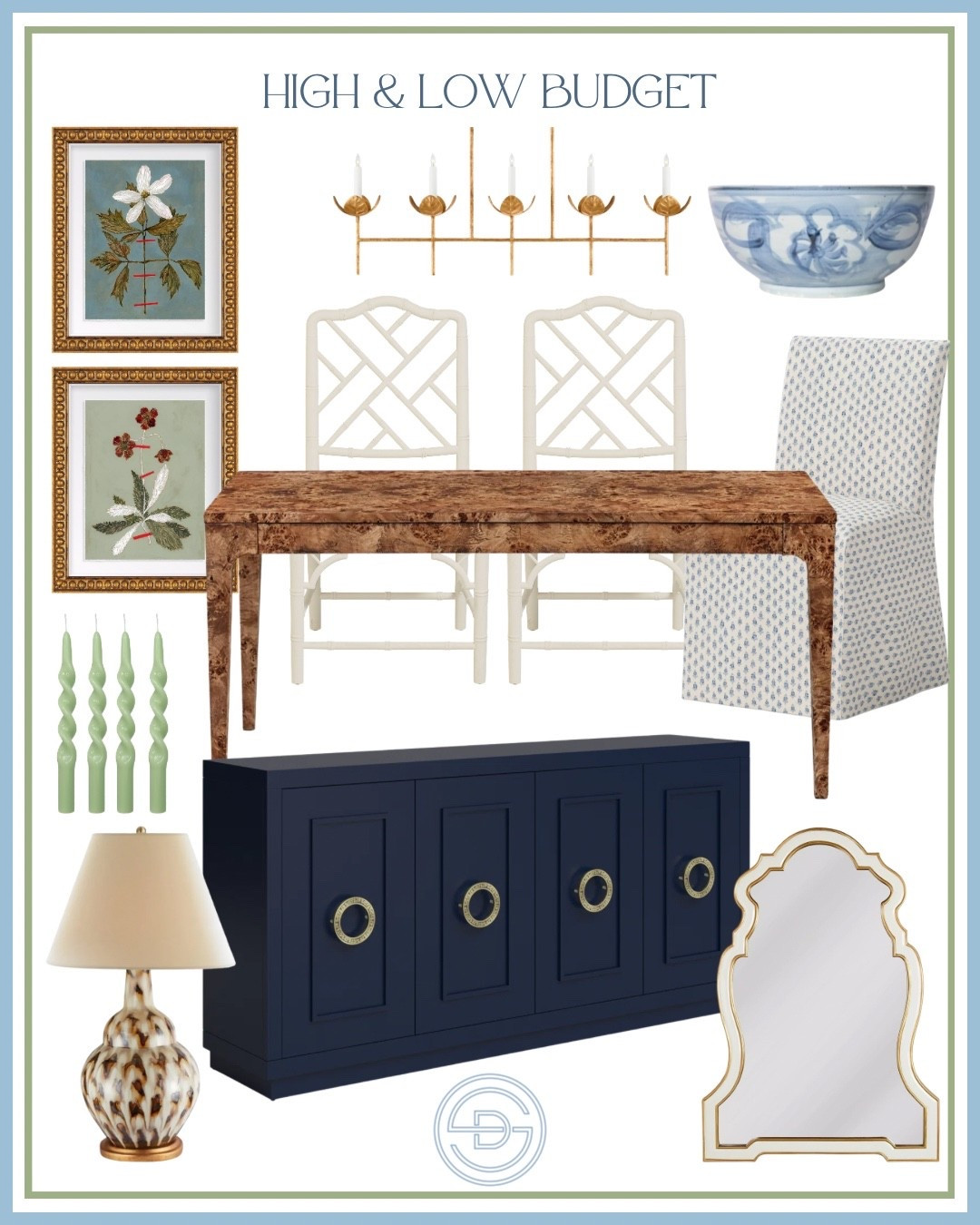 Creating the perfect mix of splurge worthy and affordable home decor! These high and low budget classic grandmillennial home decor finds are 👏🏼👏🏼 

Botanical prints, whimsy botanical prints, burl wood dining table, chinoiserie dining room, bamboo dining chairs, gold dining room chandelier, affordable upholstered dining chair, chinoiserie bowl, navy blue sideboard, navy console, navy credenza, brown lamp, white mirror, green candle sticks 

Preppy dining room | Grandmillennial dining room | traditional dining room | preppy home | Grandmillennial home 

#LTKHome #LTKSaleAlert