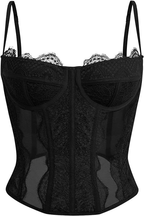 WYNNQUE Womens Summer Lace Bustier Mesh Sexy Vintage Spaghetti Strap Open Back Boned Corset Going... | Amazon (US)