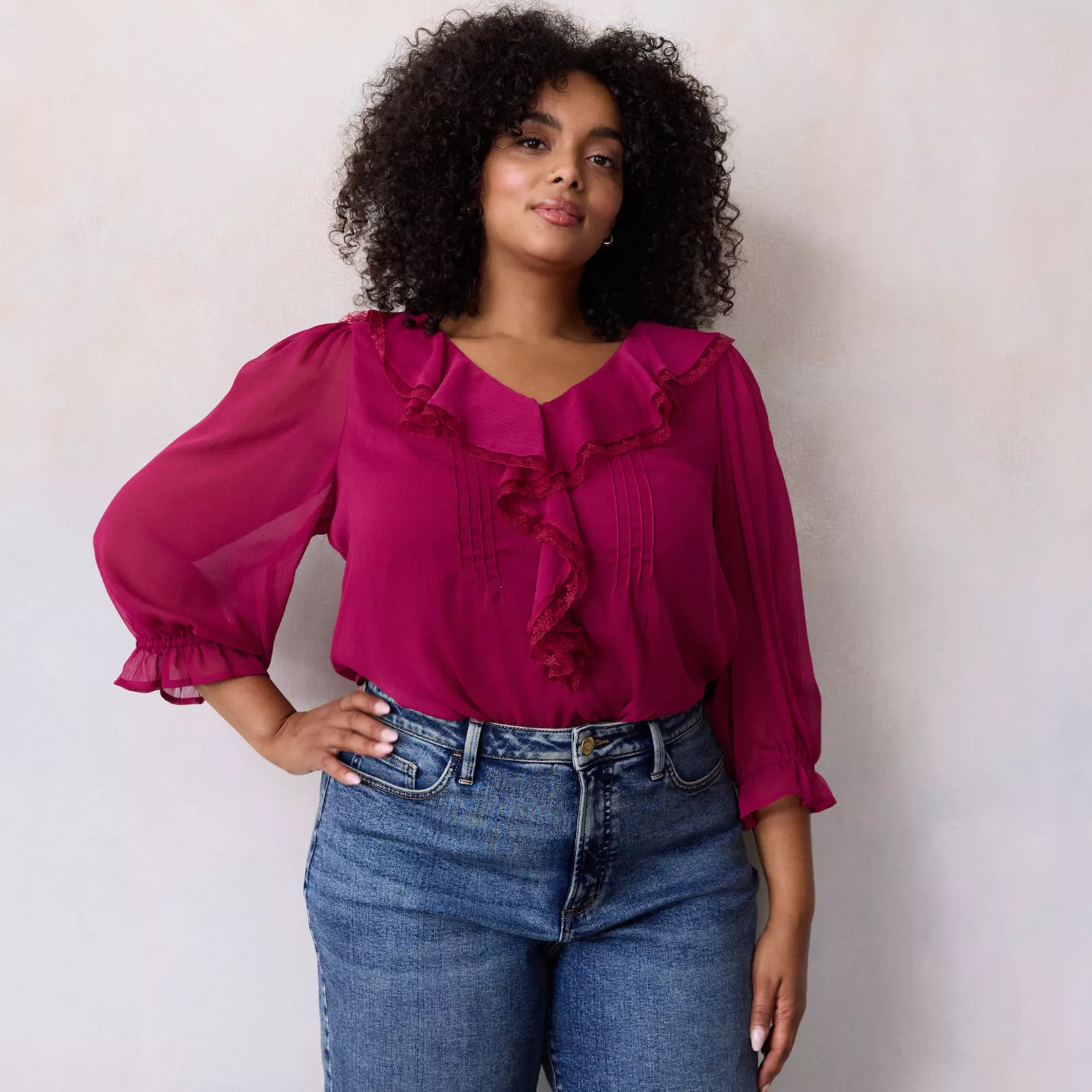 Plus Size LC Lauren Conrad 3/4 Sleeve Ruffle Front Blouse with Tucks | Kohl's