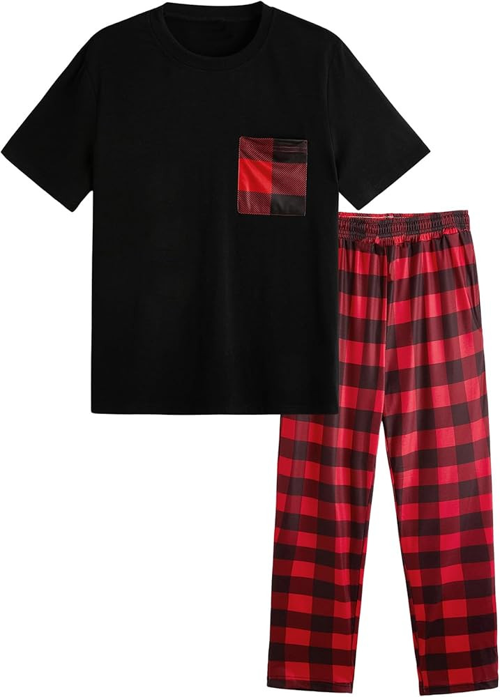 Verdusa Men's 2 Piece Loungewear Pajama Set Plaid Print Short Sleeve Tee Top and Pants Set | Amazon (US)