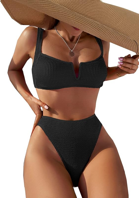 YELAIVP Women's Ribbed V-Wired High Waisted Bikini Padded Crop Top High Cut Two Pieces Swimsuits | Amazon (US)