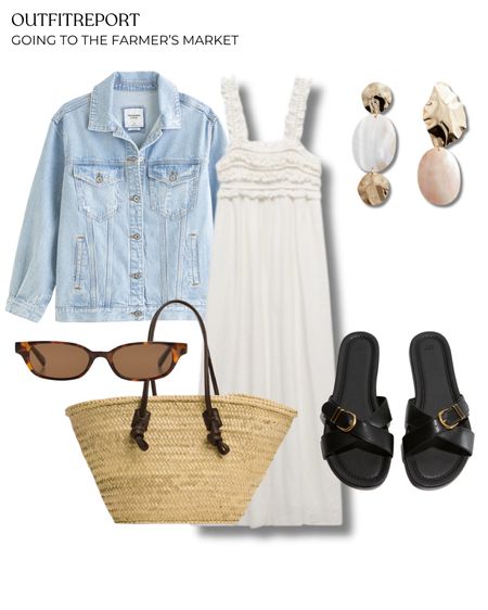 Spring summer outfit white maxi dress denim jacket tote straw handbag black sandals 

#LTKstyletip #LTKshoecrush #LTKitbag
