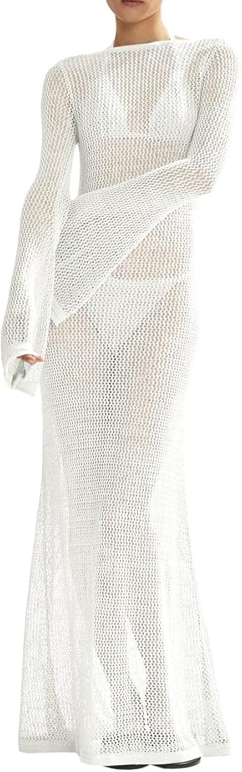 Saodimallsu Womens Crochet Cover Ups Long Sleeve Sexy Mesh Backless Knit Swimsuit Coverup Beach M... | Amazon (US)