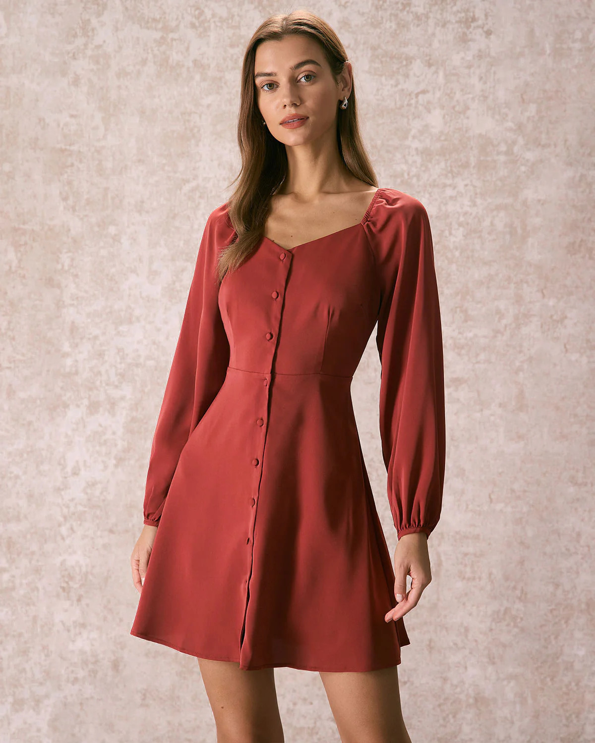 The Brick Red V Neck Button Mini Dress & Reviews - Brick Red - Dresses | RIHOAS | rihoas.com
