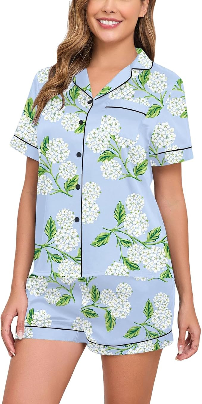 Veseacky Women Satin Pajamas Set 2 Piece Button Down Short Sleeve Soft Sleepwear with Pockets | Amazon (US)
