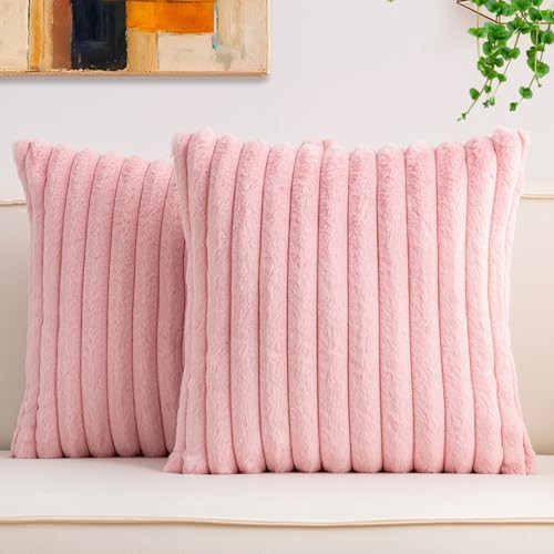 Pack of 2 Faux Fur Christmas Throw Pillow Covers 18x18 Inch, Soft Plush Striped Neutral Couch Pil... | Amazon (US)