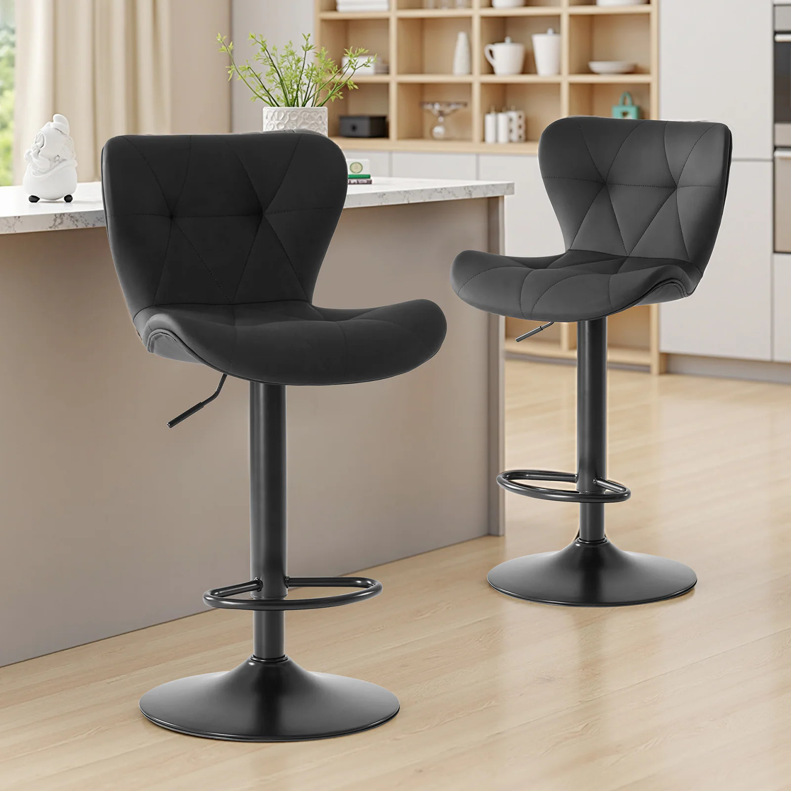 OOU Set of 2 Modern Bar Stools Adjustable Swivel Counter Height Chairs with Faux Leather Upholster Black one_size | HJ978174 | Lowe's