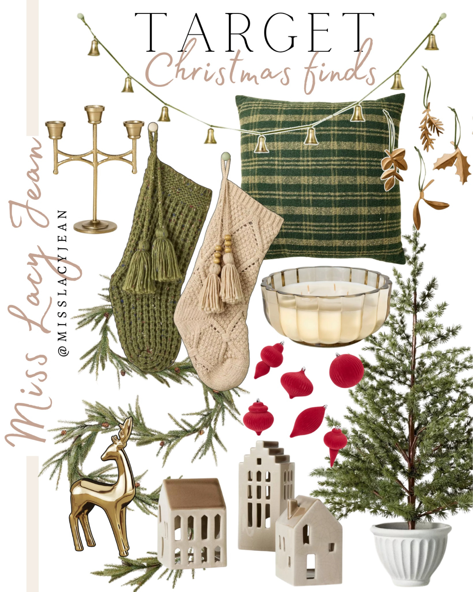 Target Christmas finds include Christmas tree, Christmas city, gold reindeer decor, garland, flocked ornaments, fluted candle, Christmas stockings, gold ornaments, throw pillow, bell garland, candlestick holder.

Home decor, Christmas decor, Target Christmas finds, holiday decor

#LTKSeasonal #LTKFindsUnder100 #LTKHoliday