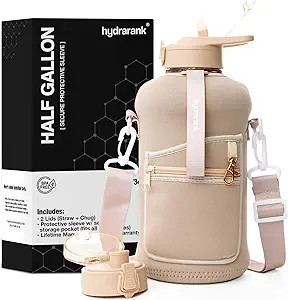 HYDRARANK Half Gallon Water Bottle with Storage Sleeve includes Straw Lid and Chug Lid - BPA Free... | Amazon (US)