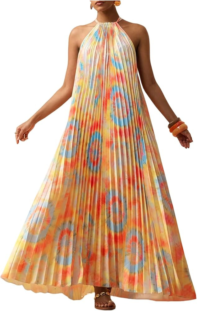OYOANGLE Women's Summer Maxi Dress Wedding Guest Party Sleeveless Pleated Long Flowy Beach Vacati... | Amazon (US)