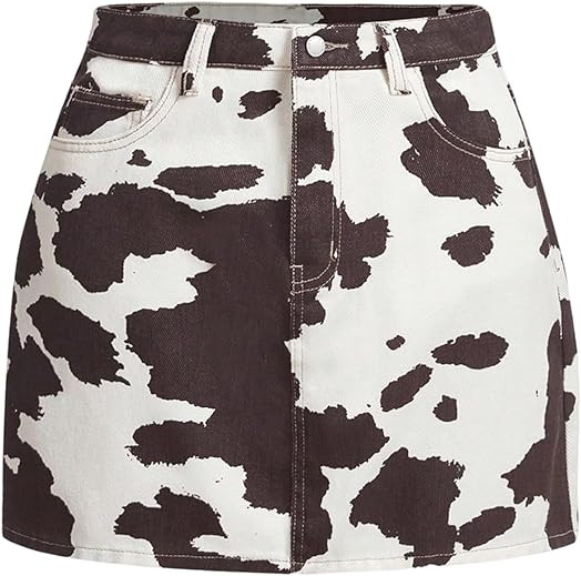 MakeMeChic Women's Cow Print Denim Skirt Mid Waist Y2k Cowgirl Jean Mini Skirts | Amazon (US)