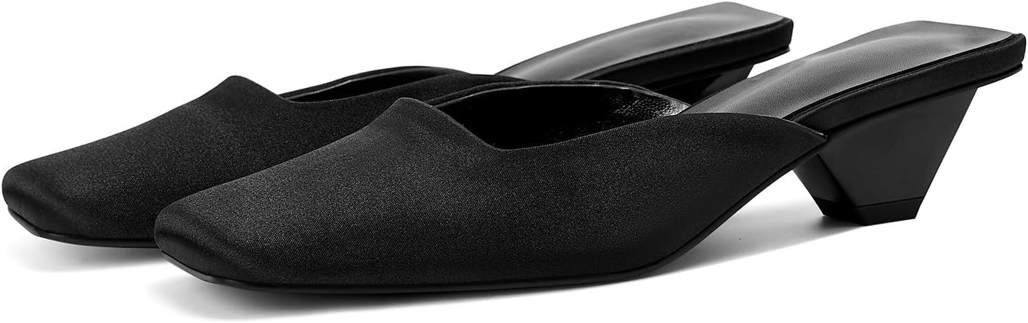 Satin Mid-low Heels Muller Sandals for Women, Closed Square Toe Kitten Heels Slip On Mules for We... | Amazon (US)