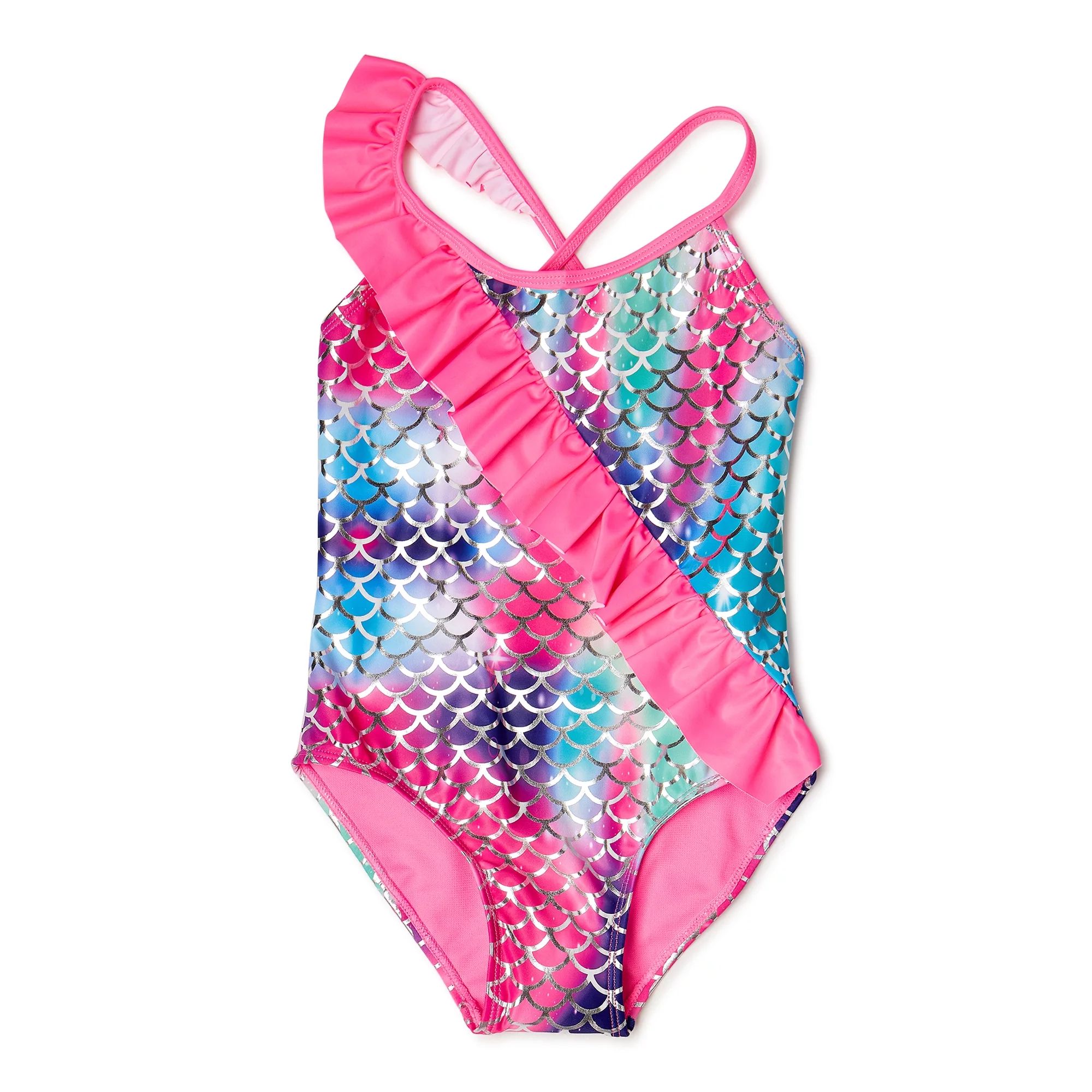 XOXO Girls Mermaid Asymmetrical Ruffle One-Piece Swimsuit, Sizes 4-16 | Walmart (US)