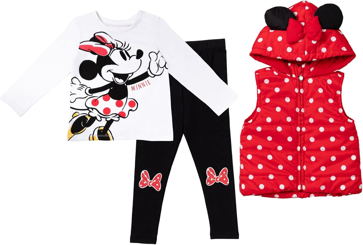 Disney Minnie Mouse Zip Up Vest Puffer T-Shirt and Leggings 3 Piece Outfit Set Infant to Big Kid | Amazon (US)