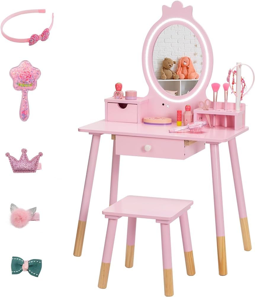 Kids Vanity Set with Lighted Mirror, Princess Make Up Dressing Table and Stool Set w/Jewelry Stor... | Amazon (US)
