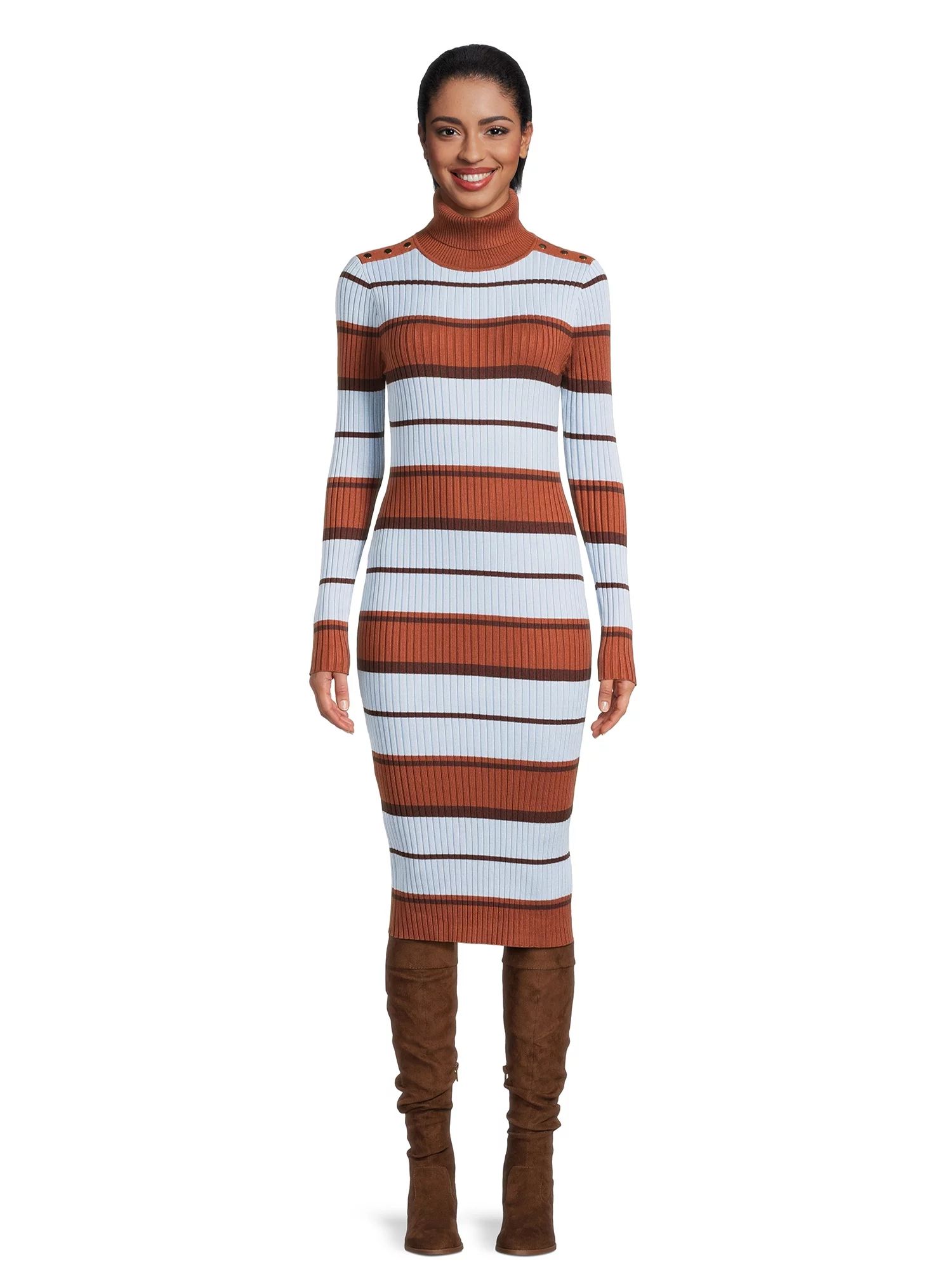 No Boundaries Juniors Striped Rib Knit Turtleneck Dress, Sizes XS-3XL | Walmart (US)