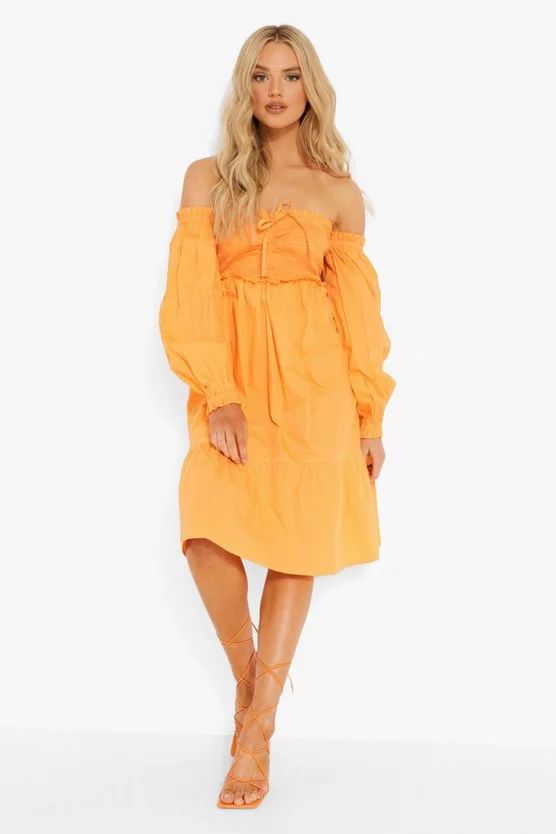 Square Neck Shirred Midi Smock Dress | Boohoo.com (US & CA)