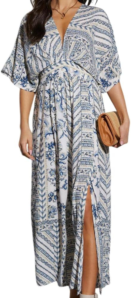 Women's Long Batwing Sleeve Deep V Neck Boho Printed Ruched Bodycon Sexy High-Cut Nightclub Party... | Amazon (US)