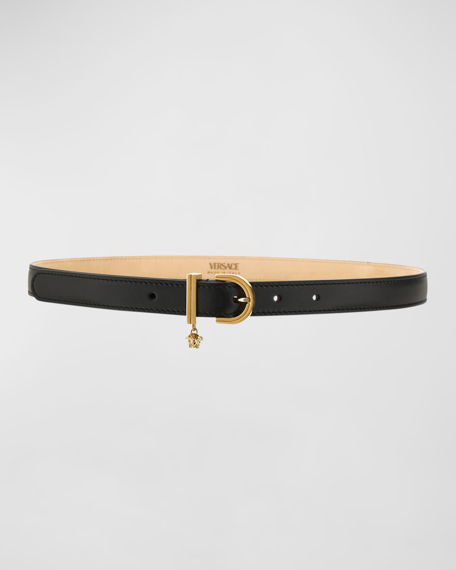Versace Smooth Leather & Brass Skinny Belt | Neiman Marcus