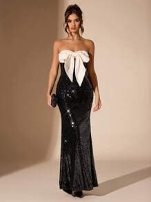 SHEIN BAE Elegant Sleeveless Dress With Shiny Sequin, Bowknot Decor, Contrast Color, Suitable For... | SHEIN