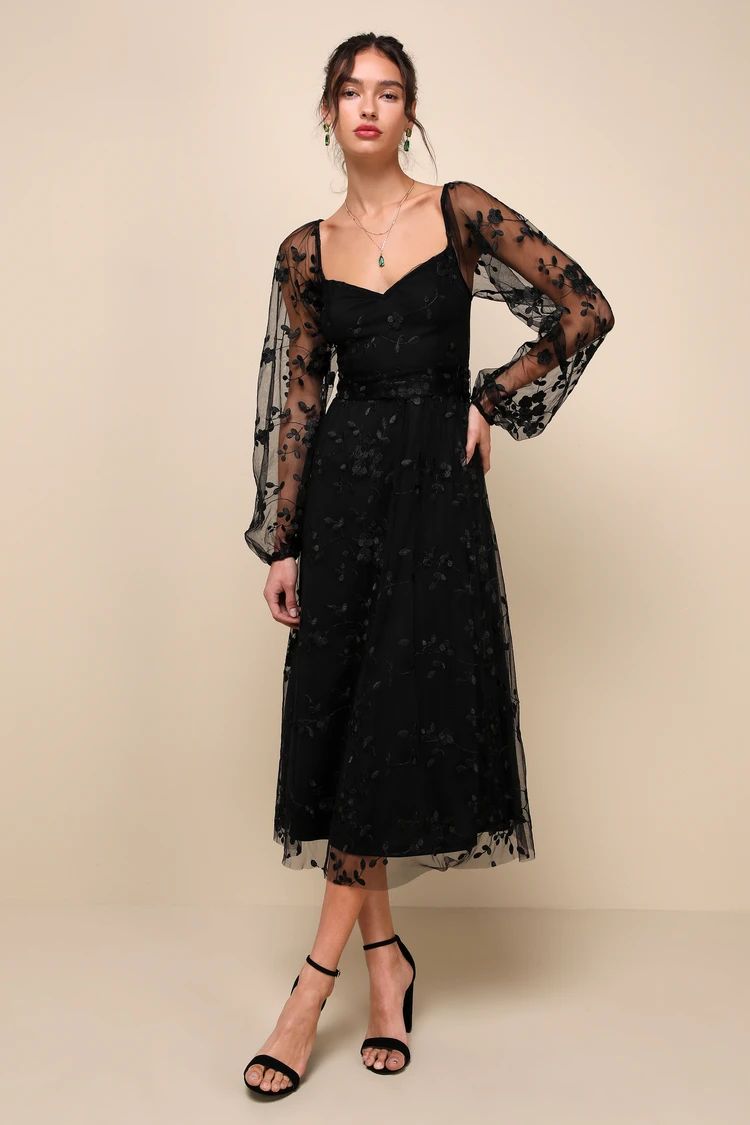 Darling Charisma Black Mesh Embroidered Midi Dress | Lulus