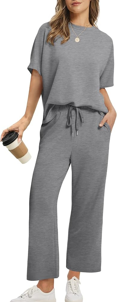 Sampeel Two Piece Sets for Women Summer Outfits Oversized Wide Leg Crop Pants Lounge Sets Airport... | Amazon (US)