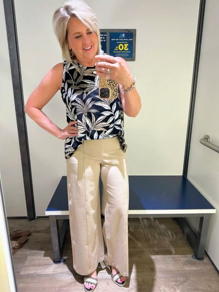 Printed sleeveless tank is a size large | Pull on pixie wide leg pants are a medium, but I needed a large | espadrille wedge sandals are a size 9

#LTKsalealert #LTKFind #LTKworkwear