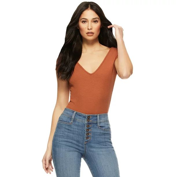 Sofia Jeans by Sofia Vergara Women’s Cap Sleeve Double V Ribbed Knit Bodysuit | Walmart (US)