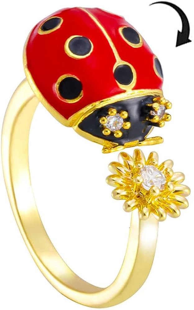 Cute Ladybug Daisy Flower Spinner Fidget Ring for Women Gold-Tone Statement Rings Crystal CZ Open... | Amazon (US)