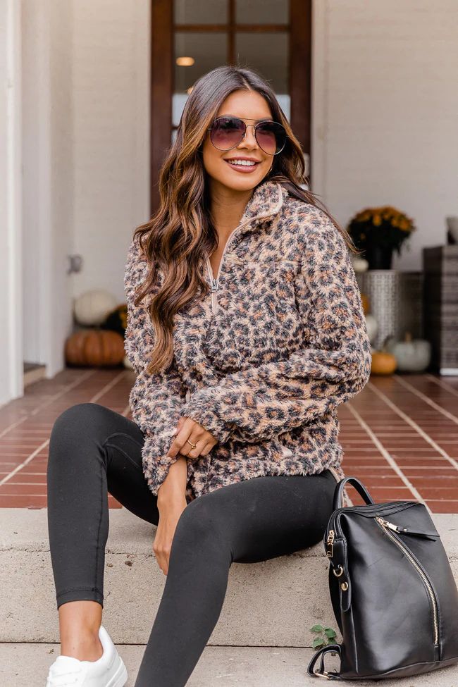 Around The Clock Animal Print Quarter Zip Sherpa Pullover | The Pink Lily Boutique