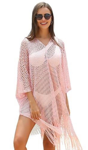 Caissip Women Hollow Out Knit Fringe Beach Cover Up V-Neck Batwing Sleeve Swimwear Coverup Loose Sexy Mesh Bathing Cover Ups | Amazon (US)