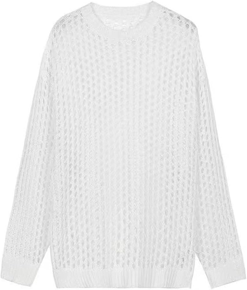 Women Hollow Out Crochet Knit Tops,Summer See Through Crew Neck Sheer Mesh Knitted Sweater Long S... | Amazon (US)