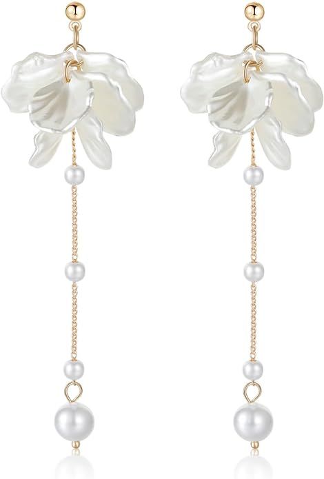 KRUCKEL White Pressed Flower Dangle Earrings | Golden Studs with Pearl like Drops | Hypoallergeni... | Amazon (US)