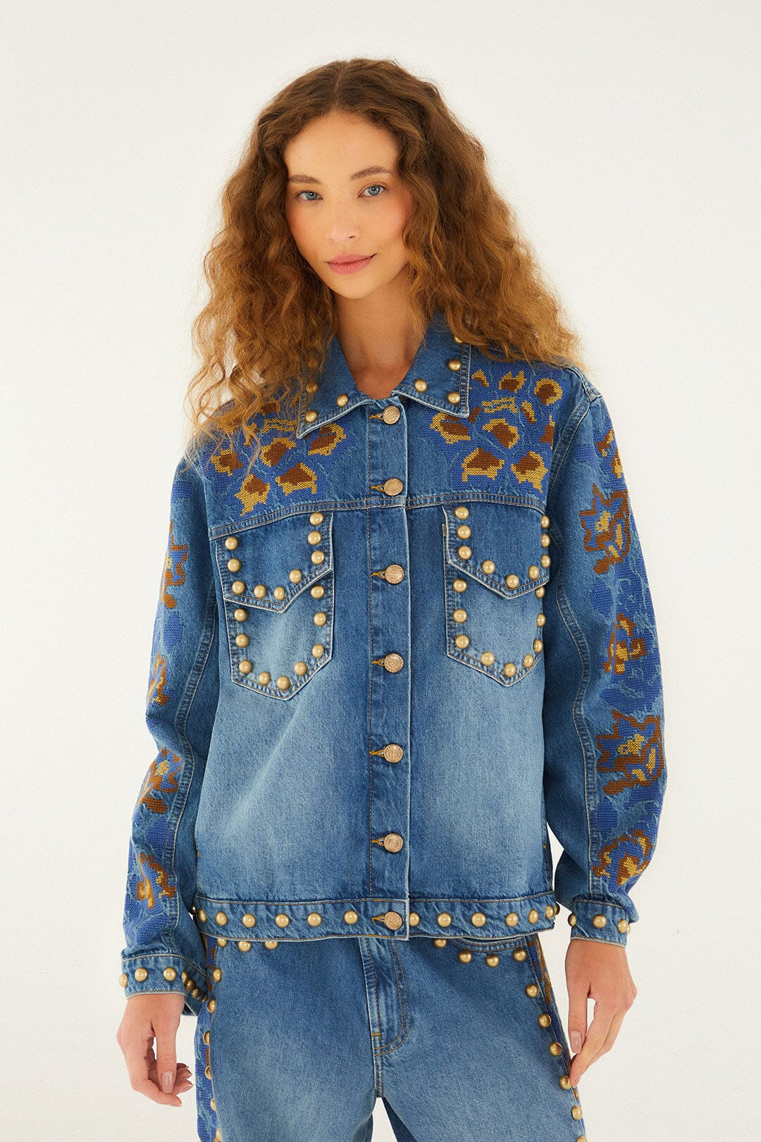 Denim Metal Details Embroidered Jacket | FARM Rio | FarmRio (US)