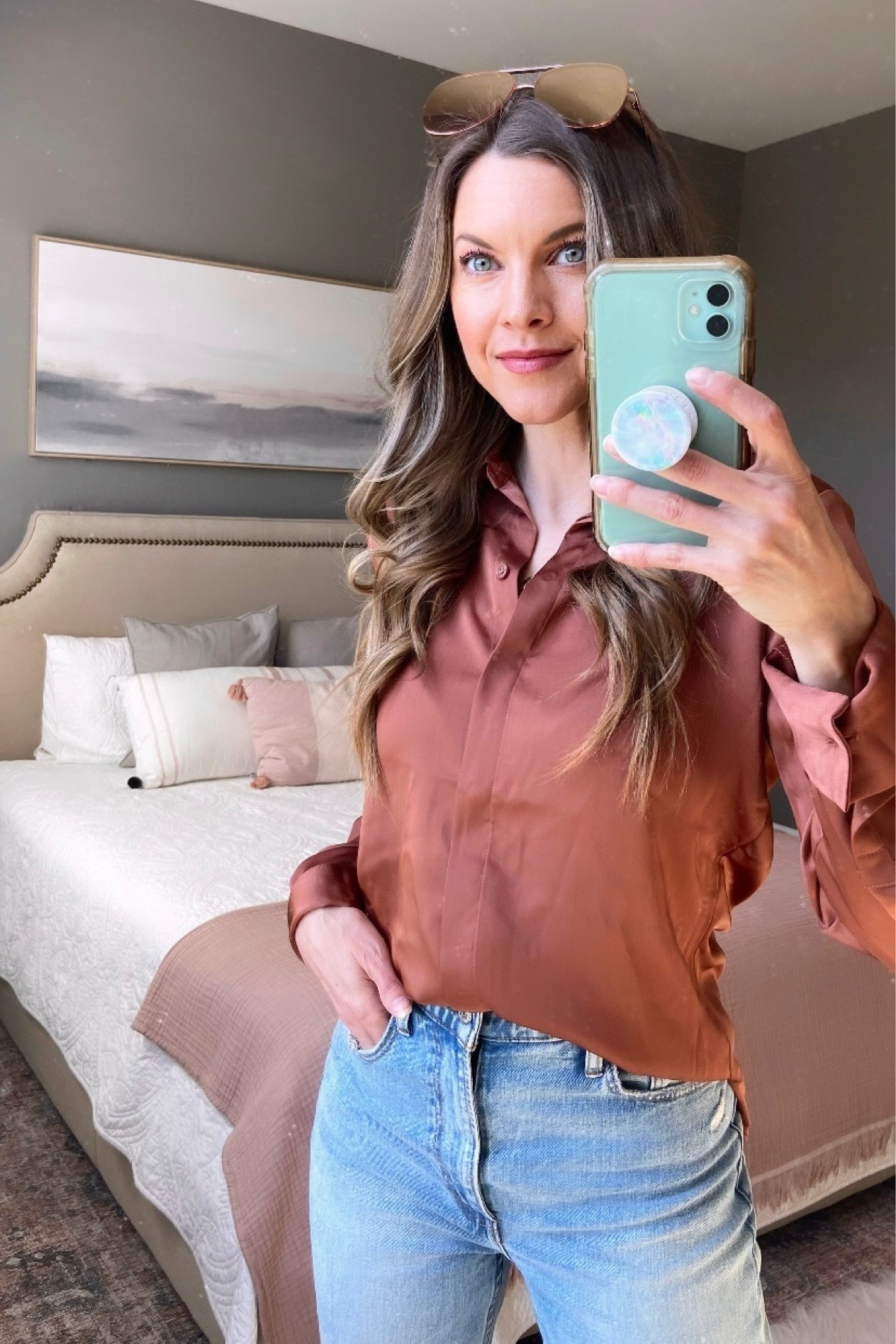 Target brown satin button-down shirt.
#softautumn 

#LTKxTarget #LTKfindsunder50 #LTKover40