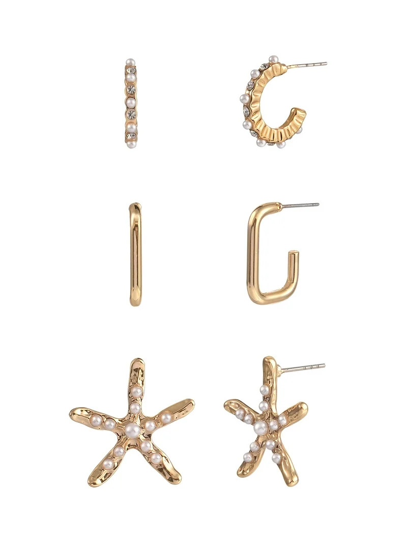 Time and Tru Adult Female Gold-Tone Acrylic Pearl Starfish and Hoops Multi Earring Set - 3 Pairs | Walmart (US)