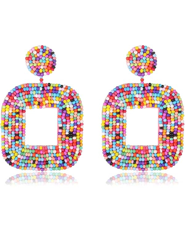 XOCARTIGE Beaded Drop Earrings Multicolored Seed Bead Earrings for Women Bohemia Statement Square... | Amazon (US)