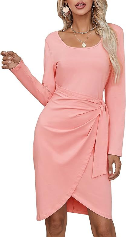 Caracilia Women's Casual Long Sleeve Dress 2021 Bodycon Ruched Tie Waist Short Dresses | Amazon (US)