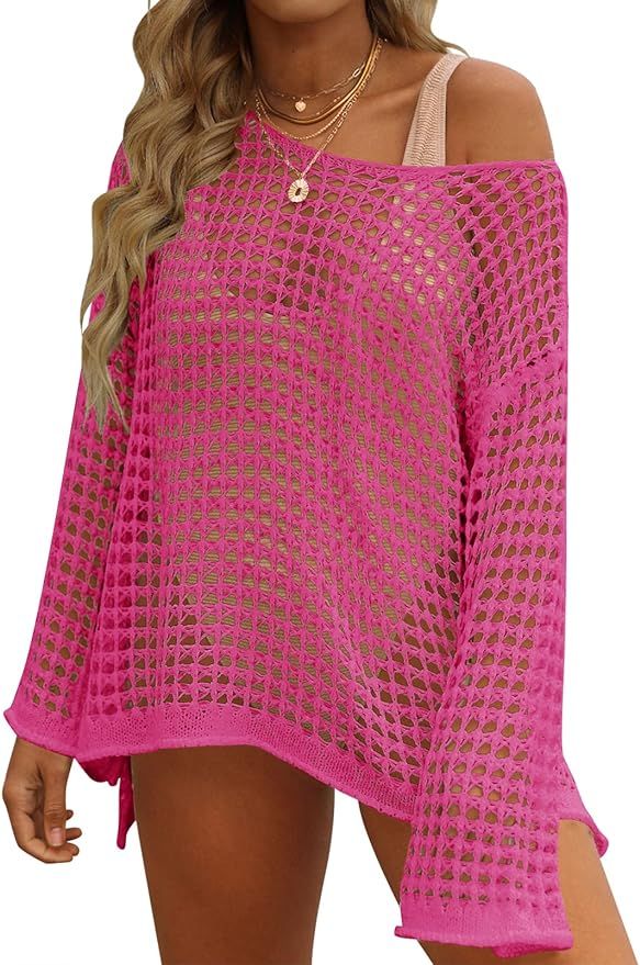 ZESICA Women's 2024 Summer Crochet Hollow Out Long Sleeve Beach Bikini Swimsuit Mesh Cover Up Tun... | Amazon (US)