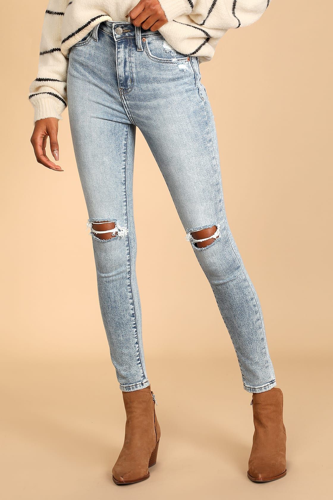 Moneymaker Light Wash Denim Distressed High Rise Skinny Jeans | Lulus (US)