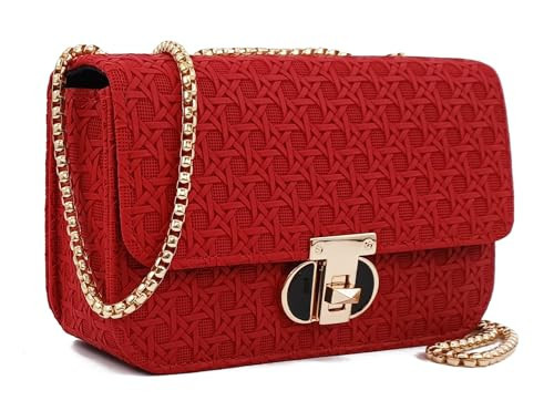 PORT&LOTUS Red Purses for Women Mini Shoulder Bag for Women Trendy Small Woven Designer Purse PU Leather Little Cute Bags Red Small Purse for Women with Gold Chain Strap | Amazon (US)