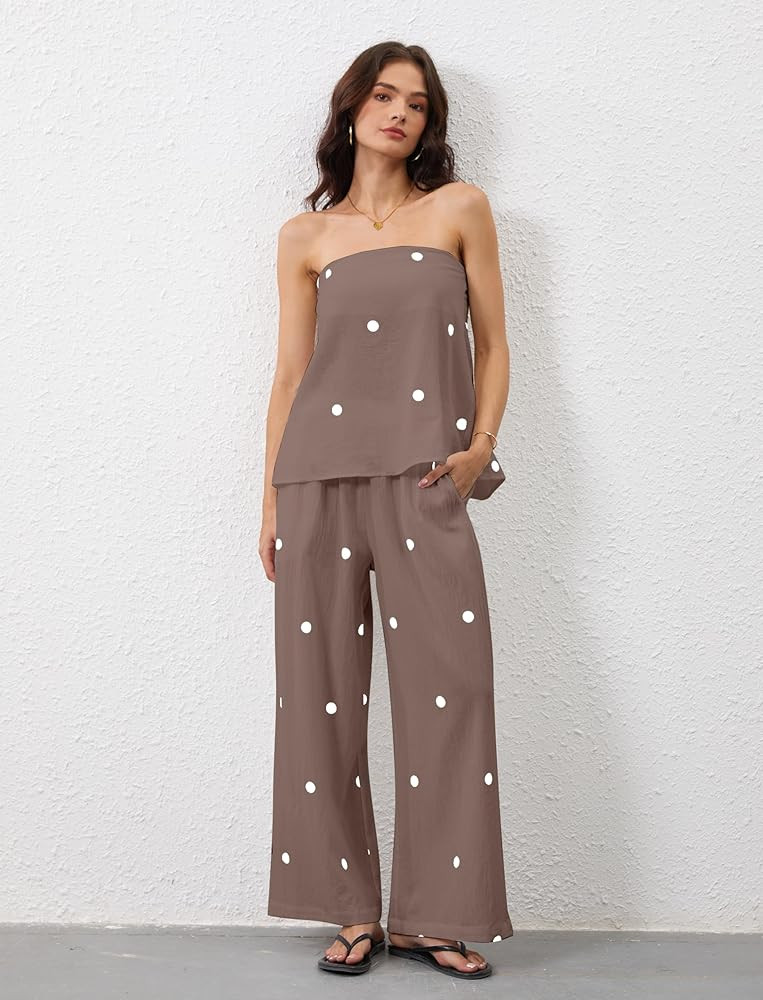 Women 2 Piece Polka Dot Tube Top Set Strapless Bandeau Blouse Wide Leg Spot Print Pants Outfits S... | Amazon (US)