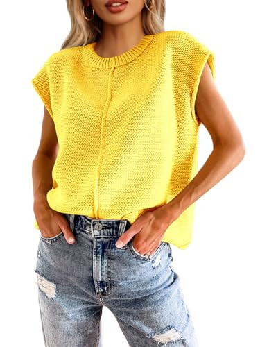 Saodimallsu Womens Tank Tops Summer Causal Loose Fit Cap Sleeve Crew Neck Knit Lightweight Sweater Pullover Top Yellow | Amazon (US)