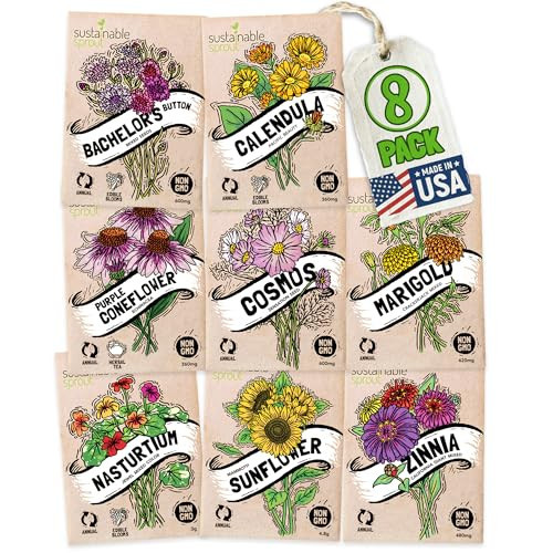 Seeds for Planting Flowers: 8 Bulk Variety Packets Zinnia, Nasturtium, Marigold, Purple Coneflower, Cosmos, Calendula, Bachelor's Button & Sunflower Seeds, Non GMO Flower Seeds by Sustainable Sprout | Amazon (US)