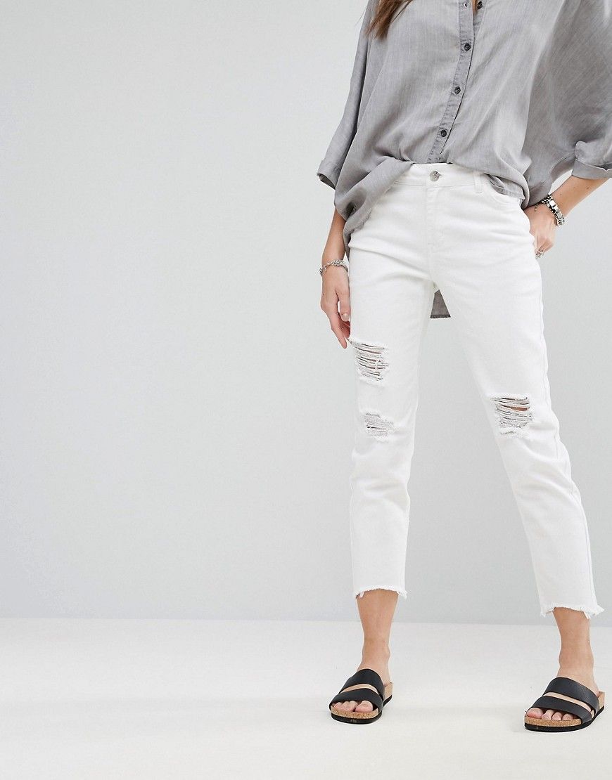 Noisy May Boyfriend Destroyed Ankle Cut Jeans - White | ASOS US