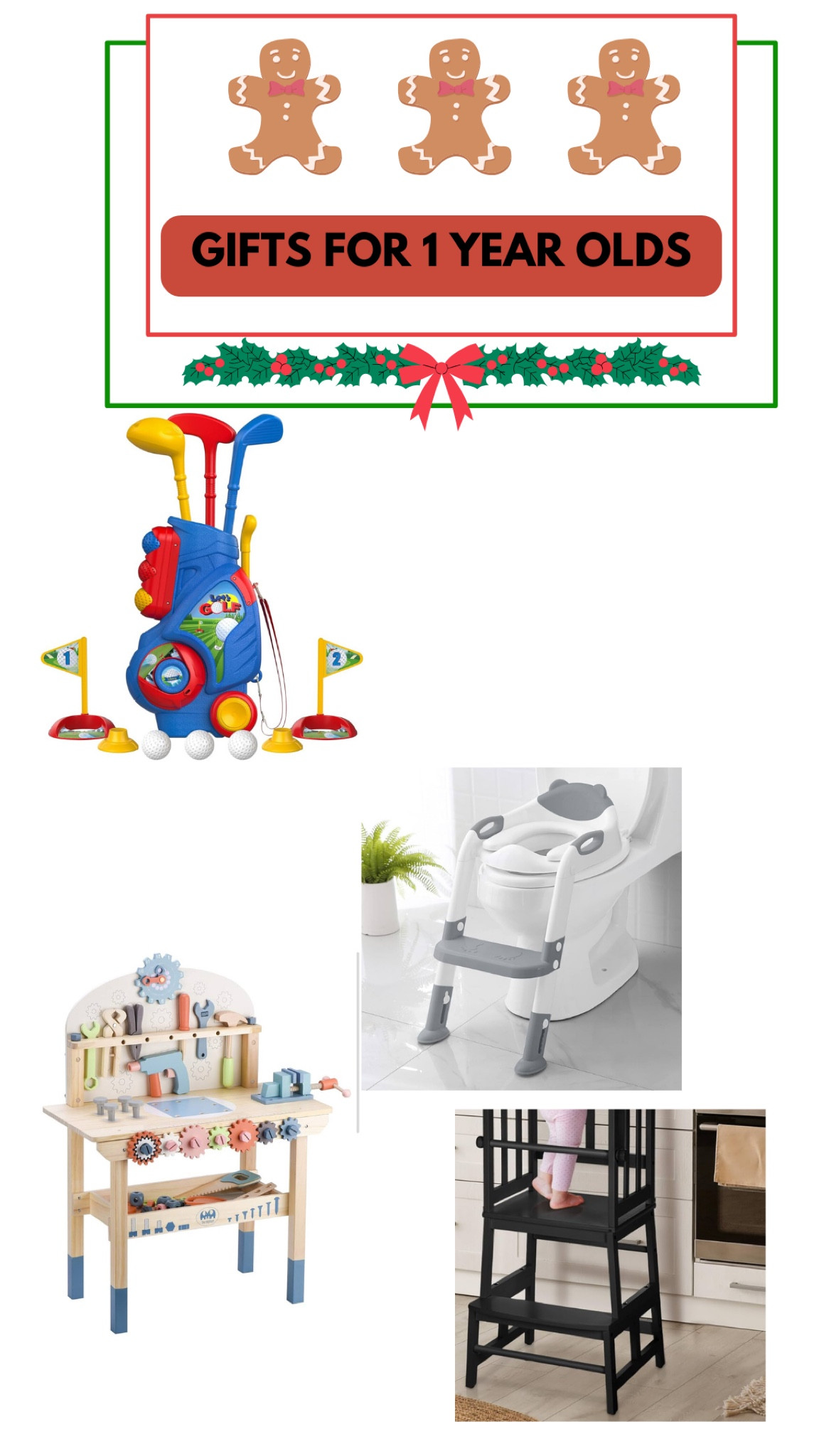 Gift ideas for your toddler/ 1 year old/ baby/ golf set/ potty seat/ work bench/ tool bench/ step stool/ helper/ kitchen/ safety/ bamboo/ gift ideas/ for her/ for him/ Christmas / birthday 

#LTKGiftGuide #LTKBaby #LTKHoliday